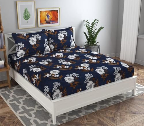 BSB HOME 120 TC Double Abstract Printed Bedsheet with 2 Pillow Covers | 110 GSM Soft Brushed Microfiber - Breathable & Wrinkle Free - (86 X 88 Inch, Dark Blue & Beige & Brown)
