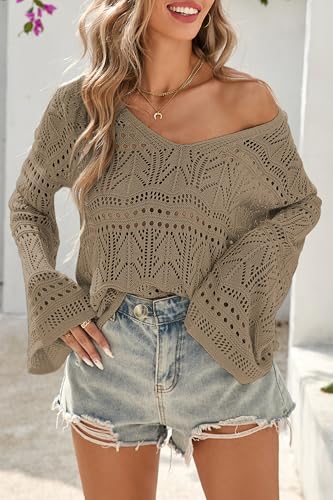 Image of Cakulo Womens Summer Crochet Tops Boho Off Shoulder Sweaters Lightweight V Neck Loose Vacation Resort Wear 2026