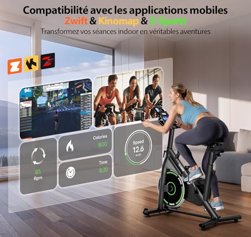 Velo d Appartement, SLUNSE Vélo d'Appartement connecté APPs avec Écran, Vélo d' Stationnaire pour la Maison avec Résistance Magnétique Réglable, Siège Moelleux et Réglage en Hauteur, Roulement 180KG – Image 3