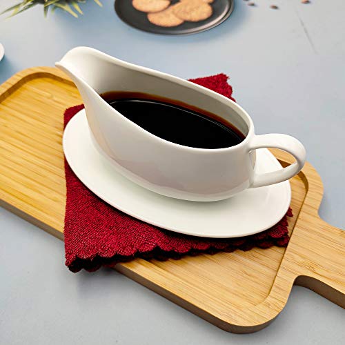 Gravy Boat with Ceramic Tray, 1 PC 8 oz Easy Pour White Gravy Boat with Saucer Stand for Salad Dressings, Milk,Broth, Creamer and More/ Microwave & Dishwasher Safe