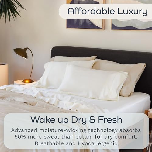 Image of Olive + Crate Tencel Lyocell Eucalyptus Queen Size Sheet Set - Cooling Tencel Sheets for Hot Sleepers with 18 Inch Deep Pocket Fit - Beige 4-Piece Set