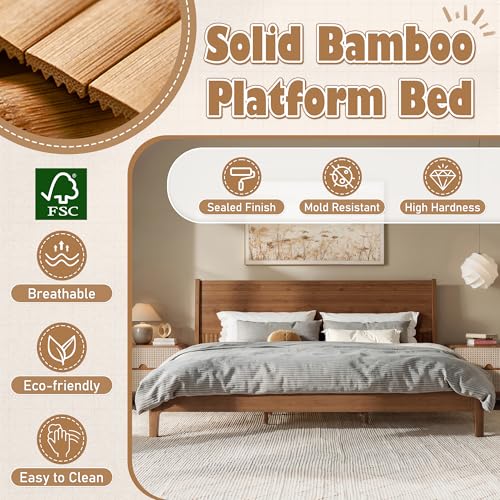 Image of Bellemave King Size Bamboo Bed Frame with Headboard,Warm Brown