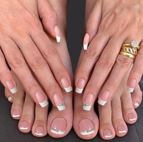 Image of 48 Pcs Square Press on Nails & Press on Toenails White French Tip Glue on Nails with Rhinestone Design Glossy Fake Nails Artificial Acrylic Full Cover Stick on Toe Nails for Women Summer Manicure