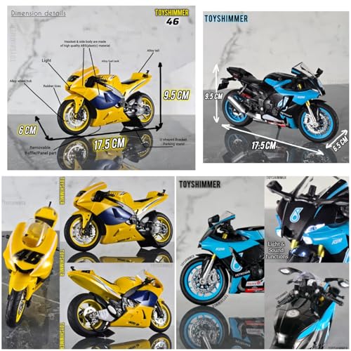 Image of Combo of 2 Diecast Motorcycles, Yamaha R1M and Moto GP 46 Track Bike, 1:12 Scale, Light and Sound Functions, with U-Shaped Parking Stand(for MotoGP Bike), for Ages 8-14 and Adults