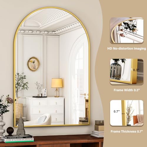 Image of HARRITPURE Arched Bathroom Mirror - 30 inchx40 inch Gold Large Wall Mounted Vanity Mirror Aluminum Alloy Frame Arch Wall Mirror for Living Room, Bedroom and Entryway