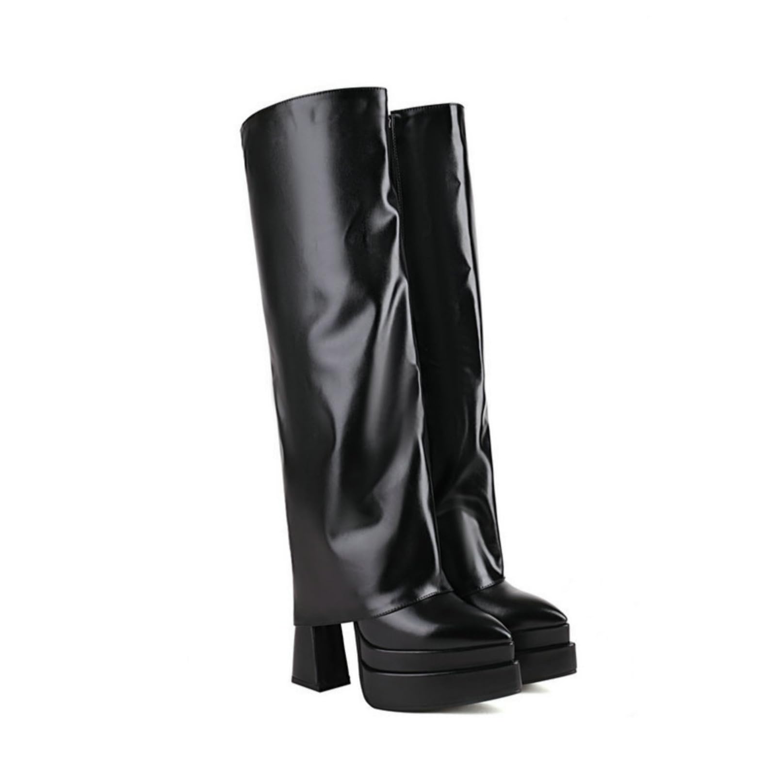 Genérico Botas Mujer Cuero Negro Alto con Cremallera Lateral y Tacón de Bloque, Estilo Montar para Oficina y Uso Diario