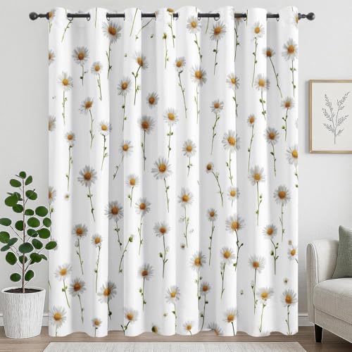 XIUWOUG Cortina Opaca Blanca con Motivo de Margaritas, Cortinas para Dormitorio, Salón y Cocina, 140 x 260 cm, Ojalas, Riel, Cortinas Opacas Térmicas,N,225x260H cm (2 Panels)