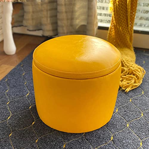 Taburete redondo de almacenamiento amarillo con piel encerada al aceite, para sala de estar, dormitorio, 40 x 33 cm