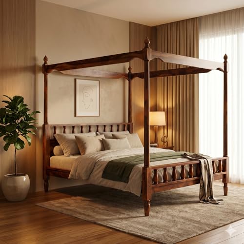 Image of Solid Sheesham Wood Poster Bed | Queen Size Canopy Bed Frame Without Storage | Honey Finish Solid Wooden Double Bed for Bedroom