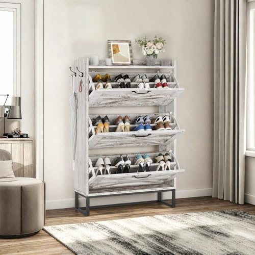 DWVO Farmhouse Shoe Storage Cabinet with 3 Flip Drawers, Freestanding Shoe Organizer for 24 Pairs, Narrow Slim Shoe Rack Cabinet for Entryway, Living Room, Hallway (Embossed White)