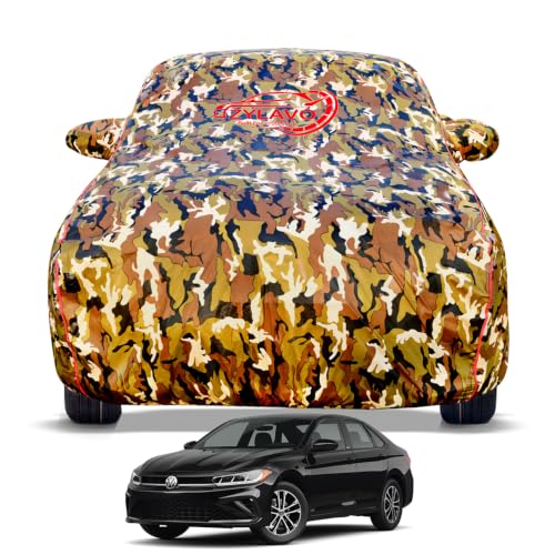Image of Premium Car Cover for Volkswagen Jetta Model | 100% Waterproof, UV & Dust Protection | Mirror & Antenna Pocket | Triple Stitched, Soft Inner Lining, Belt & Buckle (Jungle Print)