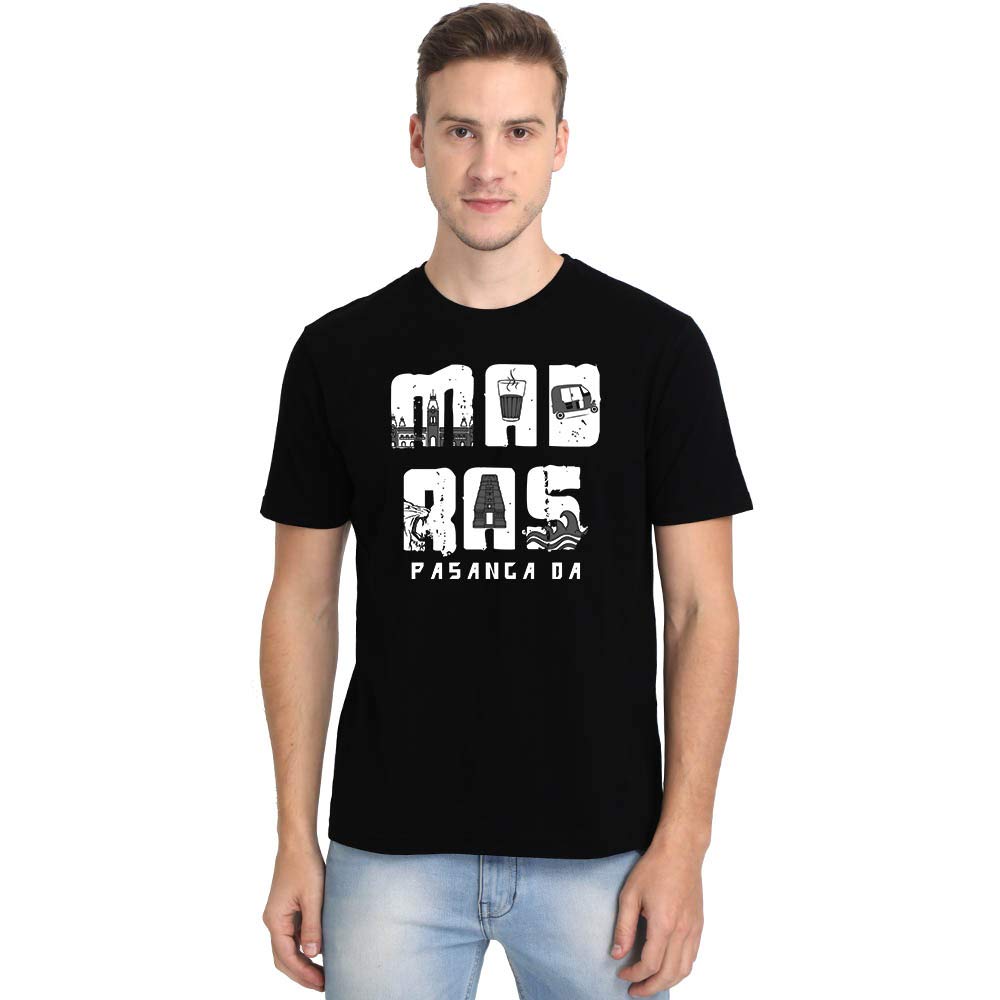 Crazy PunchMadras Pasanga Da Men's Black Half Sleeve Tamil Round Neck T-Shirt