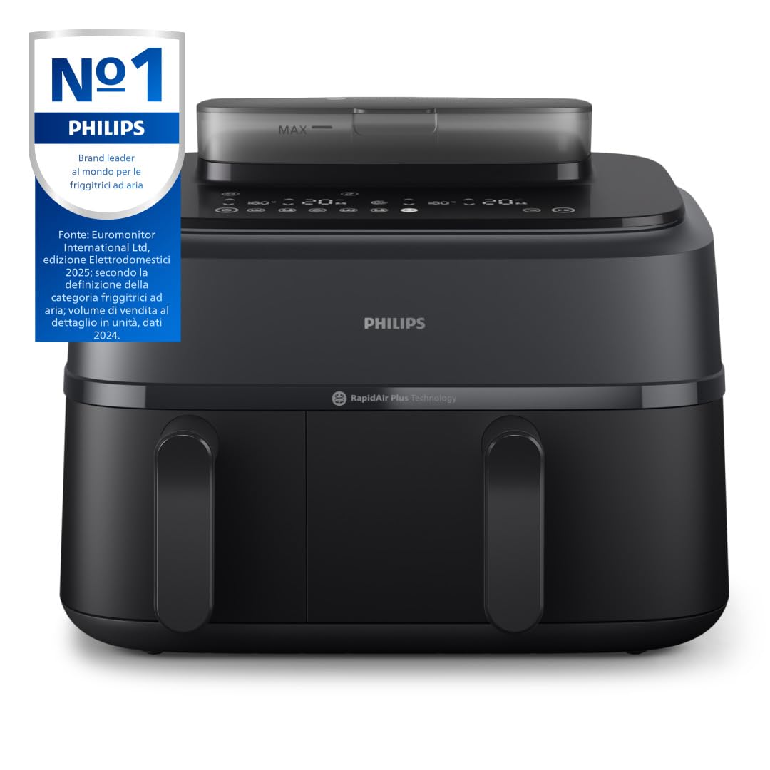 Philips Airfryer Serie 5000 Doppio Cestello con Vapore – Friggitrice ad aria da 9L, 19 modalità, 90% di grassi in meno, Tecnologia RapidAir Plus e AirSteam, Pulizia con il vapore, Accessori (NA550/00)