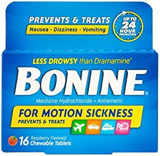 Bonine Motion Sickness Tablets - Meclizine 25mg, Non-Drowsy, For Nausea or Motion Sickness Relief, Raspberry Flavor, 16 Chewable Tablets