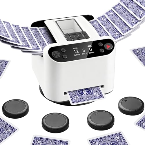 Eolzzi Card Shuffler, Automatic Card Dealer Machine for 1-2 Decks, 12 Players with 4 Remotes, Built-in Game Modes, 360° Rechargeable, for Poker Rummy Phase 10 Skip-Bo, Gift Box, White