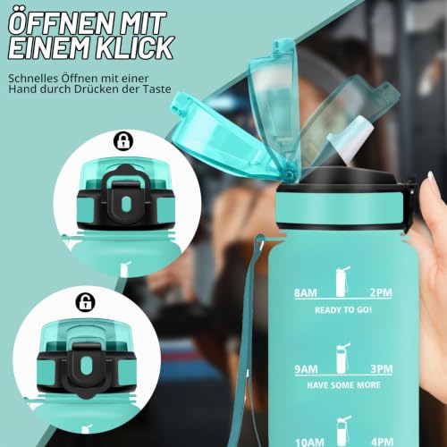 Grsta Trinkflasche 1l, Trinkflasche Sport, Wasserflasche mit Strohhalm, Auslaufsicher, Wasserflasche Kohlensäure Geeignet… – Ansicht 2