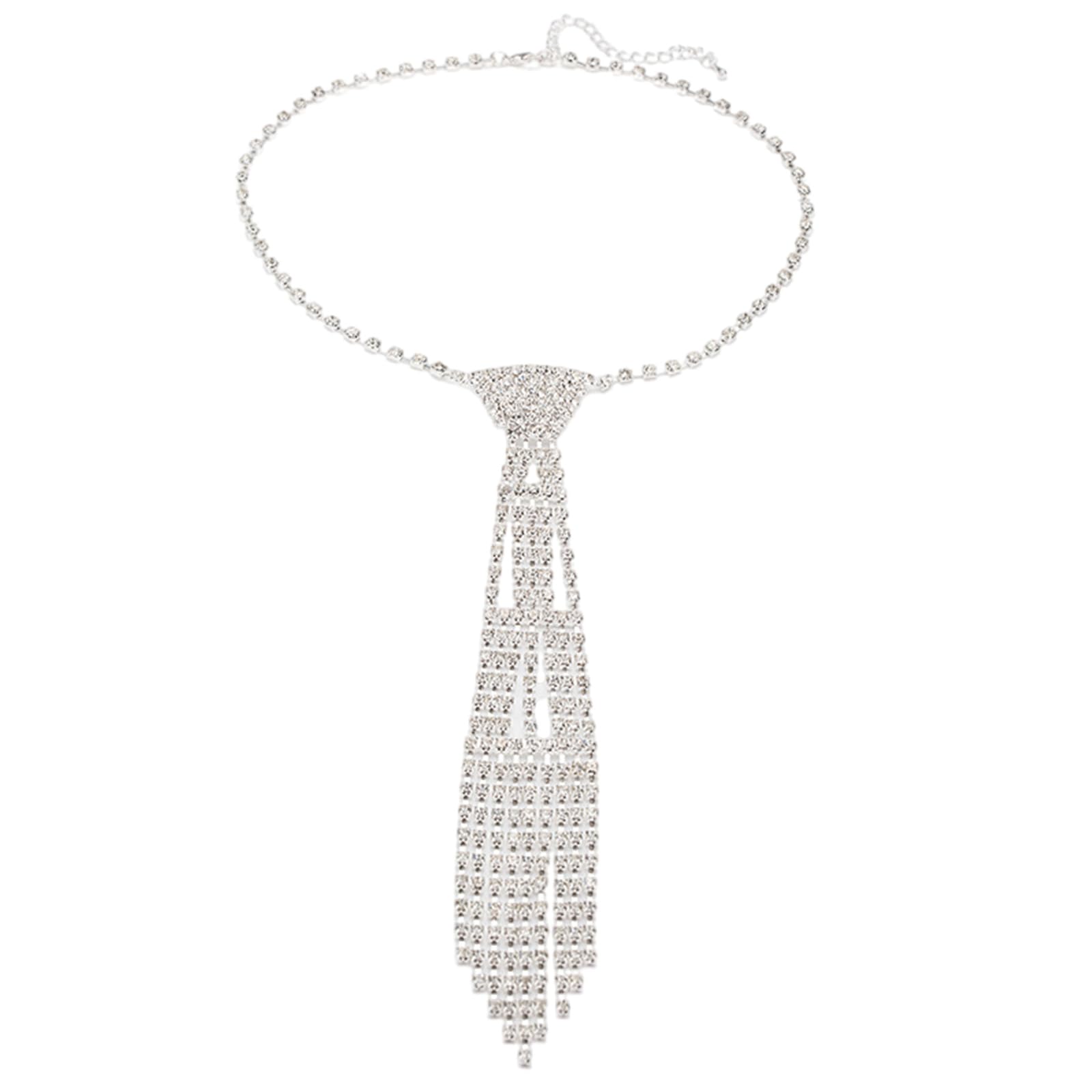 Yprewy Girls Silver Elegant Tie Necklace With Crystal Rhinestones For Most Occasion Uniform Wedding Tie Punk Jeweled Chain Tie