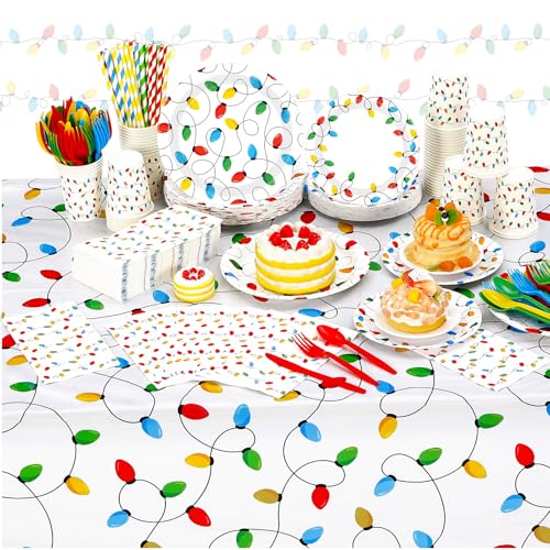 Image of Funnymoom 452 Pcs Christmas Party Decorations for 50 Guests, Colorful Christmas Lights Paper Plates Napkins Cups Tablecloth Cutlery Straws Disposable Tableware Set for Xmas Holiday Party Supplies