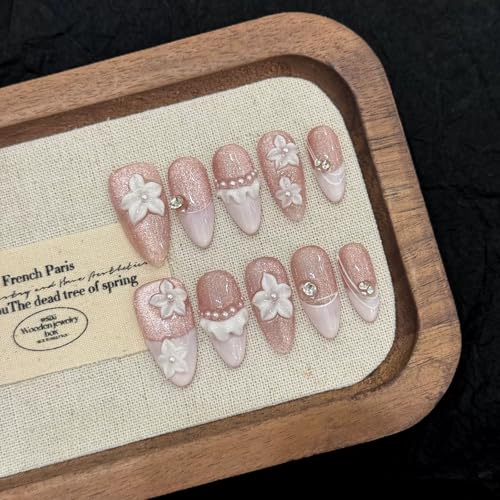 Handmade Press on Nails Almond Medium Fake Nails French Tip with 3D Flower Charm Designs Pink Glitter Cute Acrylic Nails for Women 10pcs (Size M)