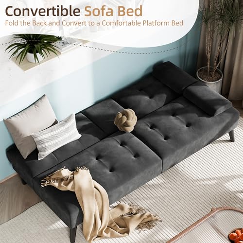 Image of Shintenchi Futon Sofa Bed, Velvet Foldable Couch, Reclining Sleeper with Removable Armrests, Upholstered Loveseat Sofa Couch with Folding Cup Holders for Home, Office(Black)