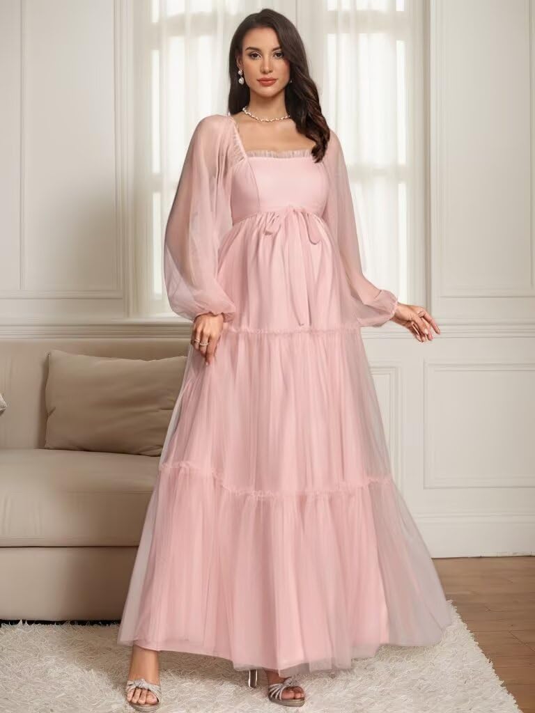 Tulle Tiered Maternity Dresses for Photoshoot Bow Belt A Line Pregnant Dress with Sleeves for Baby Shower - Image 2