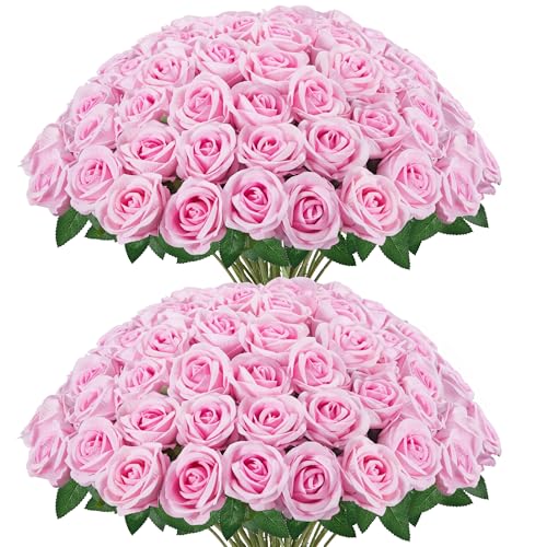 InnoGear 50 Pcs Pink Roses Artificial Flowers, Fake...