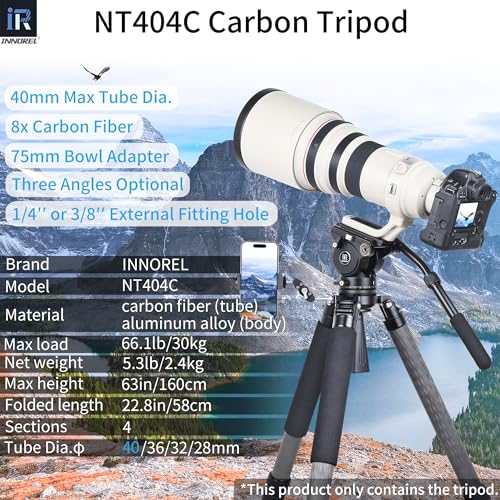 Image of INNOREL NT404C Carbon Fiber Tripod Professional Birdwatching Heavy Duty Camera 66lb /30kg Max Load 40mm Max Tube Diameter Bowl Tripod Birdwatching Camera Stand with 75mm Universal Bowl Adapter