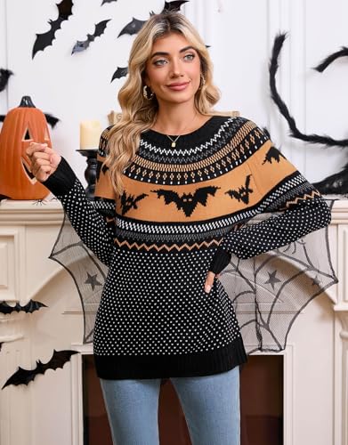 Women's Vintage Fair Isle Pullover Sweater Casual Fit Dressy Crewneck Long Sleeve Lightweight Knit Tops