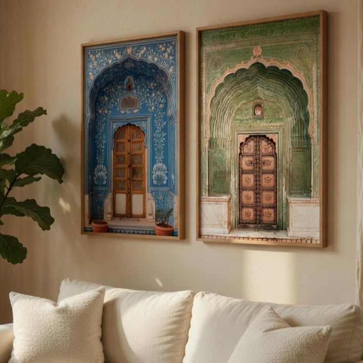 Image of Livin'luxe Indian Heritage Door Architecture Wall Painting Set of 2 with Wooden Frames | Vintage Haveli Arch Door Artwork HD Sparkle Laminated MDF Wall Decor for Living Room Bedroom Hallway