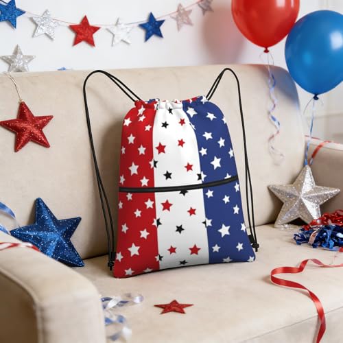 Image of July 4th Red Blue Stars Drawstring Bag, Independence Day Memorial Day Waterproof Drawstring Bckpack for Gym Sports, Red Blue Women Men Sackpack Bag with Front Zipper Pocket and Inside Zipper Pocket