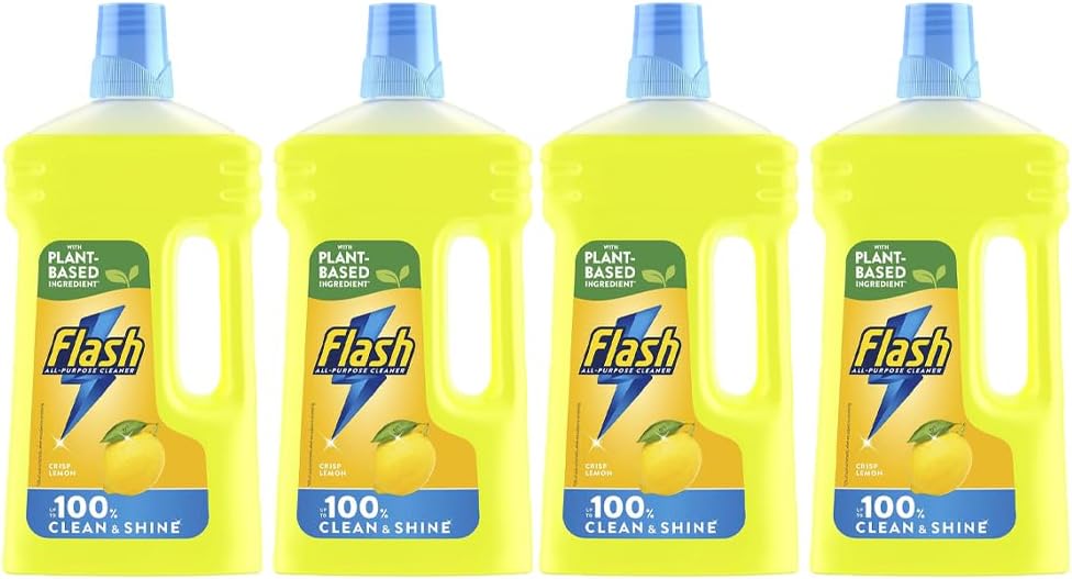 Flash All Purpose Cleaner Crisp Lemon Scent Vegan 950ml Pack of 4 Dirt Grease Remover Kitchen Bathroom Floor Cleaning Detergent with Welari Thank You Card | (4pack) (3800ml)
