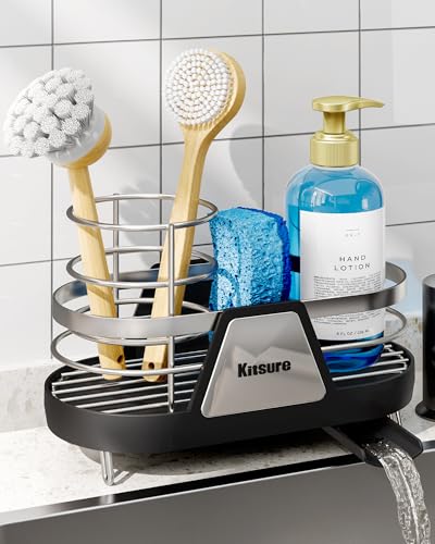Kitsure spülbecken organizer – platzsparender Küchenspülen-Caddy mit drehbarem Wasserauslass, sink organizer aus Metall mit abnehmbarem Bürstenhalter, 20,0 x 10,0 x 13,5 cm, Schwarz