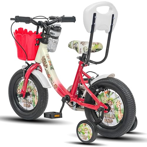 Image of WildHop 12T Kids Bicycle with Training Wheels, Backrest Seat, Basket & Safety Features for Toddlers (Cream Red, 12T)