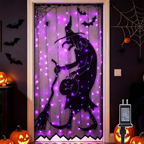 Watereem Lighted Halloween Decorations 40 x 84 Inch 146 LED Purple Curtain Lights with Black Lace Witch Pattern Scary Skeleton Window Door Drapes for Home Front Door Window Office Party Supplies