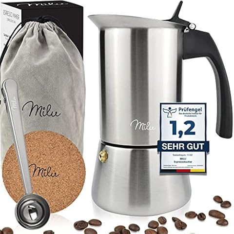 Milu Espressokocher Induktion geeignet | 2, 4, 6, 9 Tassen | Edelstahl Mokkakanne, Espressokanne, Espresso Maker Set inkl. Untersetzer, Löffel, Bürste (4 Tassen 200ml) Cover