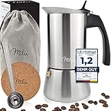 Milu Espressokocher Induktion geeignet | 2, 4, 6, 9 Tassen | Edelstahl Mokkakanne, Espressokanne, Espresso Maker Set inkl. Untersetzer, Löffel, Bürste (4 Tassen 200ml)