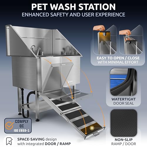 Image of KANIS Dog Washing Station, Stainless Steel Dog Bathtub 40 inch Left Ramp Shelf | 304 Stainless Steel, Grooming Tub, Anti-Slip Floor Grate, Drain Kit, 71 inch Pull-Out Sprayer, Shampoo Dispenser, All Dog Sizes