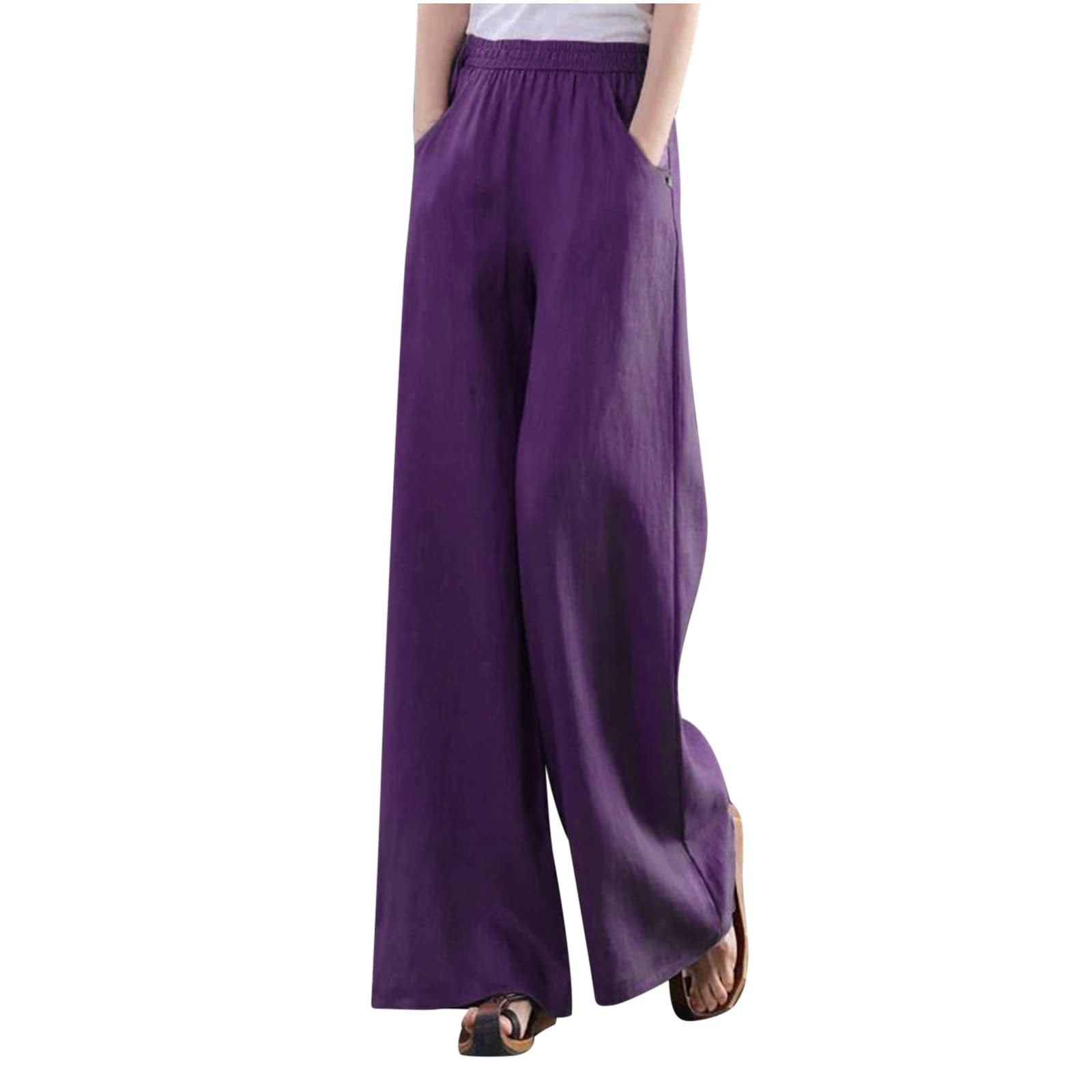 SMIDOWWomens Straight-Leg Pull-on Pants Cotton Linen Trousers Palazzo Lounge Pants Slacks Summer Casual Comfy Loose Pants