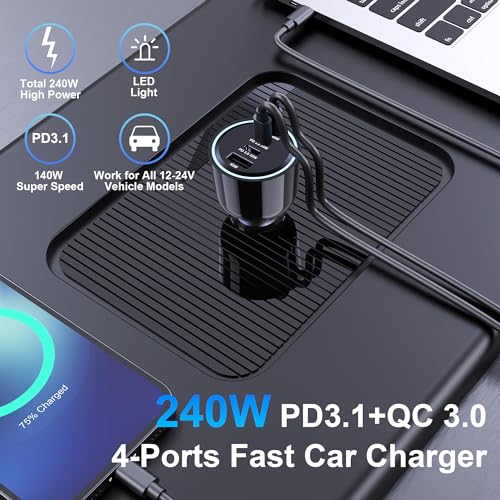 Image of 240W USB C Car Charger, Super Fast Charging 4-Ports PD3.1 140W /PD3.0 100W PPS 45W QC65W Type-C Car Adapter for MacBook Pro Laptop iPhone 16 15 Max iPad Samsung Galaxy S24 /23 Pixel etc