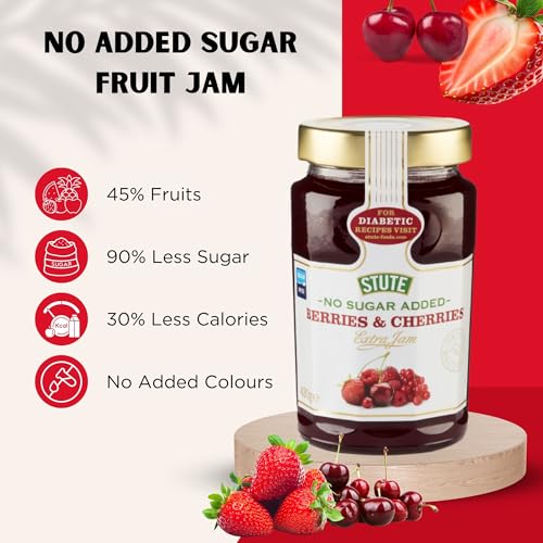 Image of Stute Cherries & Berries Jam 430g | No Sugar Added | 90% Less Sugar & 30% Less Calories | Diabetic Friendly | Imported from UK