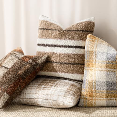 Image of Foindtower Pack of 2 Soft Faux Fur Boucle Throw Decorative Pillow Covers Fuzzy Accent Striped Cushion Sherpa Boho Farmhouse Pillowcase for Couch Sofa Bed Living Room Home Decor 20x20 Inch,Cocoa Brown