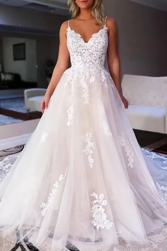 Lace Applique Wedding Dresses for Bride 2025 Spaghetti Straps V Neck Bridal Dress with Slit Backless Bridal Gown KN0463