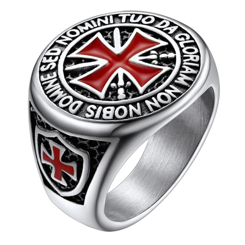 FaithHeart Mens Stainless Steel Crusader Jerusalem Cross Ring with 18K Gold Plated Two Tone Ring Size 7,8,9,10,11,12