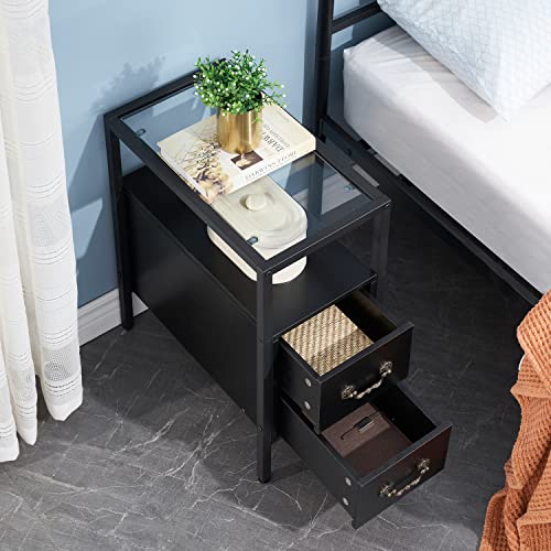 Vecelo End Tables Set Of 2, 24" Height Narrow Nightstands Modern Tall Night Stand With Drawers And Shelf For Living Room, Bedroom,Tempered Glass, 2 Pack(A), Black #TOP6