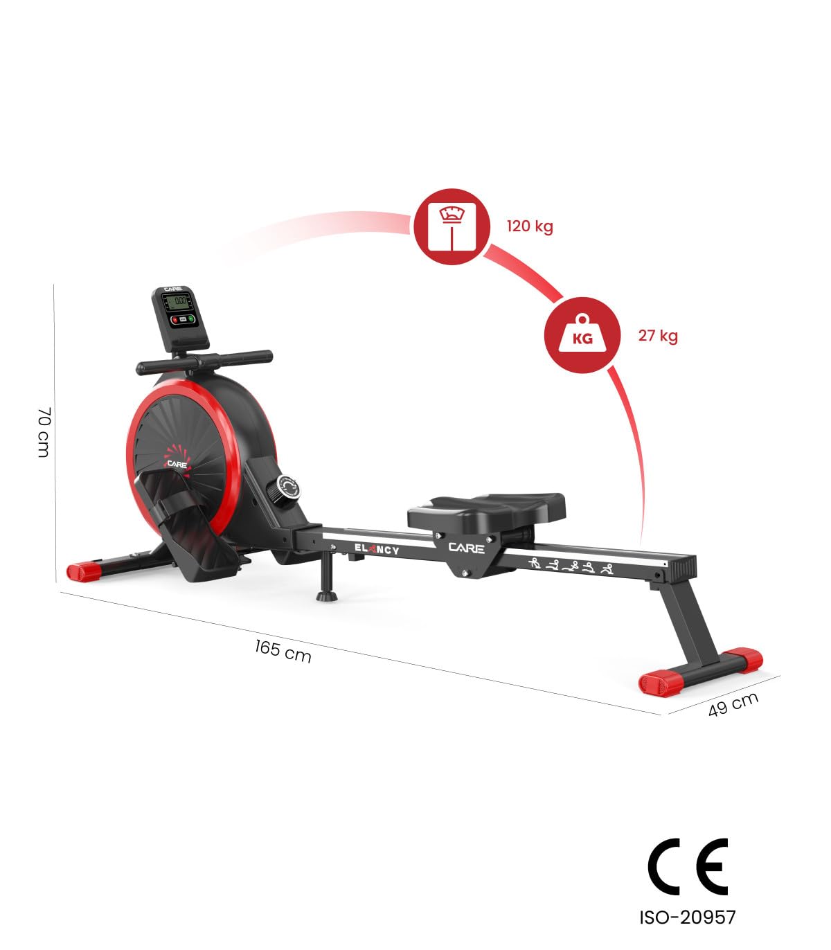 Care Fitness - Vogatore - Elancy - Pedali Antiscivolo - Freno Magnetico Silenzioso - 16 Livelli di Resistenza - 7 Funzioni