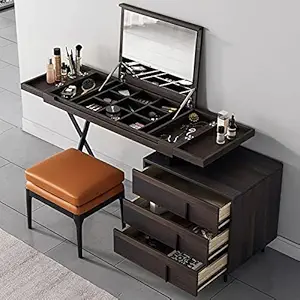 Vandana Interiors Modern Makeup Vanity Set, Flip-top Mirror and Divided Compartments, Side Cabinet with 3 Drawers, Carbonized Wood Makeup Table, for Bedroom, 39''