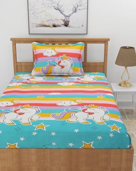 ELMORA Microfiber Kids Elastic Fitted Cotton Bed Sheet Cartoon Printed Single Bedsheet with 1 Pillow Cover | Soft, Hypoallergenic, Wrinkle-Free | 220 TC | 36x72 Inches (3x6 ft) | Unicorn-image-48
