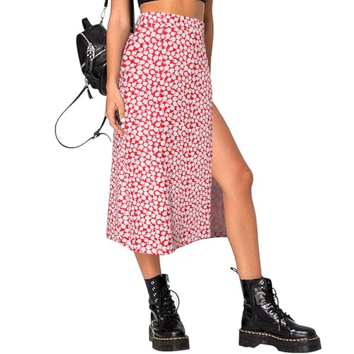 Women's Casual Boho Floral Side Split Skirt Elastic High Waist A Line Summer Beach Midi Skirt