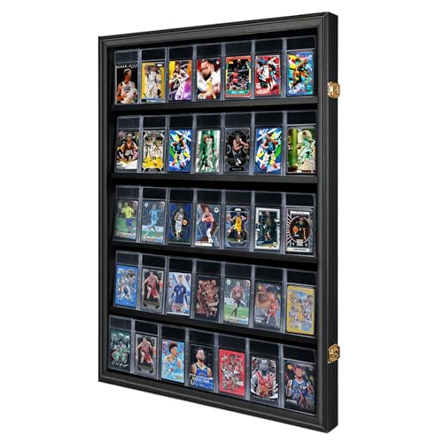 VERANI 35 Baseball Card Display Case - Graded Sports Card Display Frame - Holds Sport Cards with UV Protection Clear View Lockable Wall Cabinet for Football Basketball Hockey Trading Card Large Black