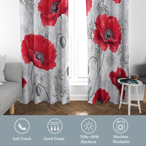 Red Poppy Curtains for Bedroom 90x90, Floral Curtains Blackout Living Room Home Decor, Printed Window Eyelet Drapes 90 Inch Drop 2 Panels - TEB252 - Image 7